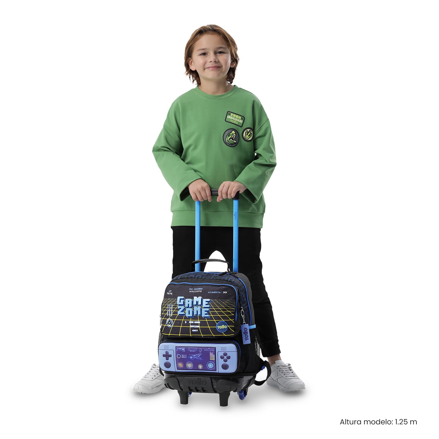 TOTTO - Mochila Escolar con Ruedas, Modelo Vortex M, Mochila Mediana, Capacidad 23 L, Bolsillos Botella, 2 Compartimentos Frontales, Protección en la Base, Correas Ajustables, Estampado Negro