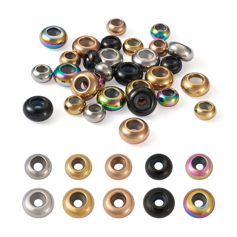 Cheriswely 40Pcs 5 Colors Slider Beads 202 Stainless Steel Beads with Plastic Rondelle Stopper Beads Mixed Color Metal Spacer Beads for DIY Bracelet Necklace Jewelry Making
