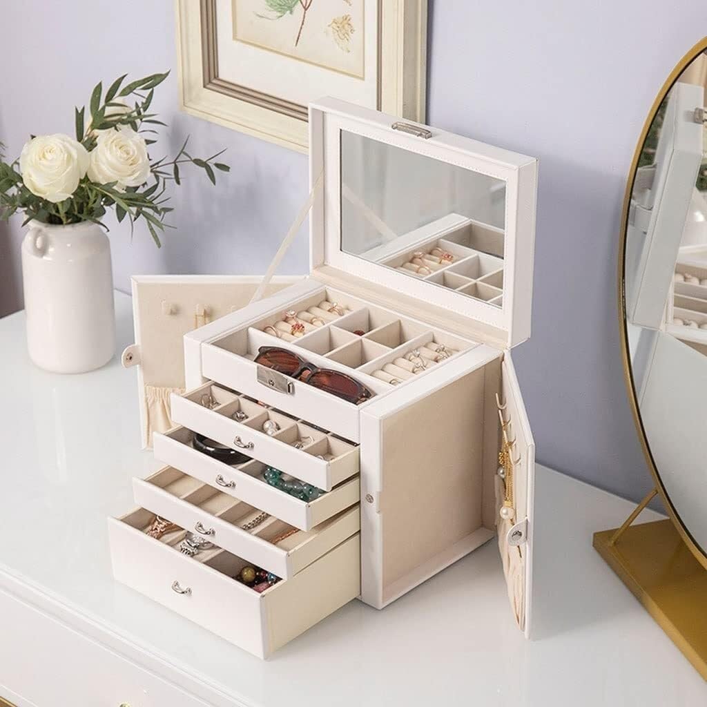 Vintage PU Leather Jewelry Box Organizer for Women and Girls, Large Capacity with Mirror and Lock, Portable Storage Case for Earrings, Rings, and Accessories