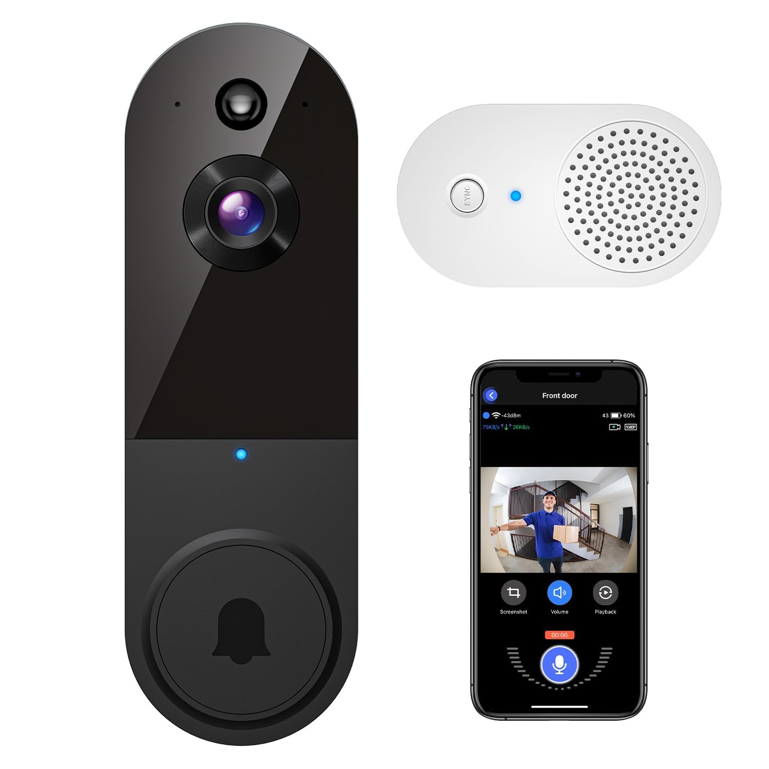 guggre 1080p bekabelde videodeurbel Indoor Ring Chime, AI