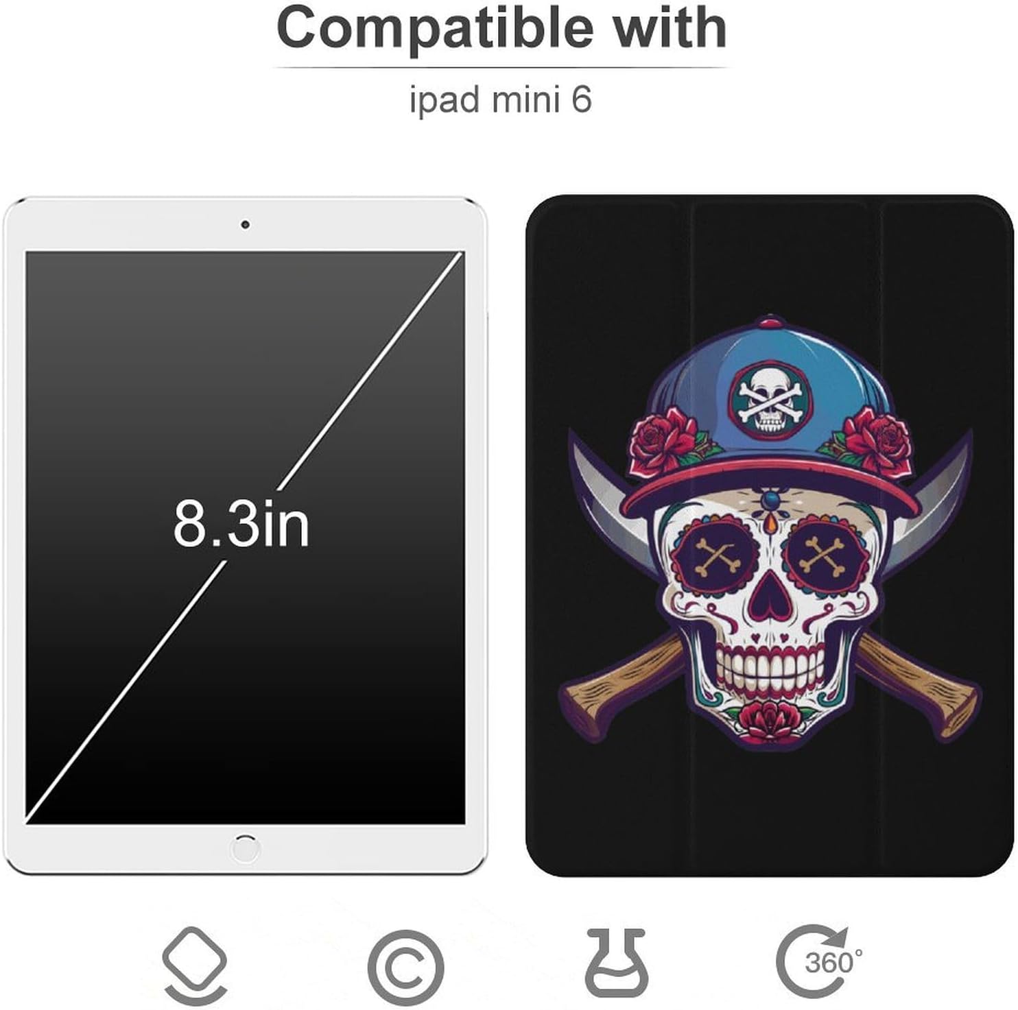 Day of The Dead Skull Oakland Cute Case Compatible for Mini6（8.3in） Trifold Tablet Protective Cover with Pencil Holder