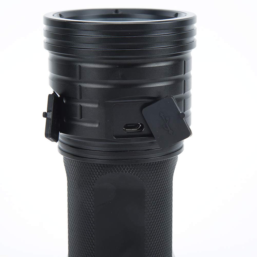 XM3-90 - Torcia LED da 32000 lm, ricarica USB, impermeabile, per campeggio all'aperto, in alluminio, nero, 128 mm