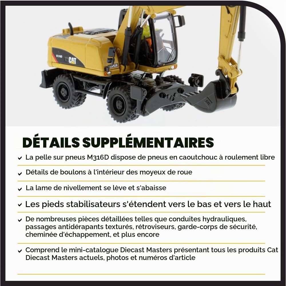 Diecast Masters 85171c - Pelle sur pneus Caterpillar M316D, échelle 1:50, env. 16,9 x 5,6 x 7 cm, dès 14 Ans, Jaune