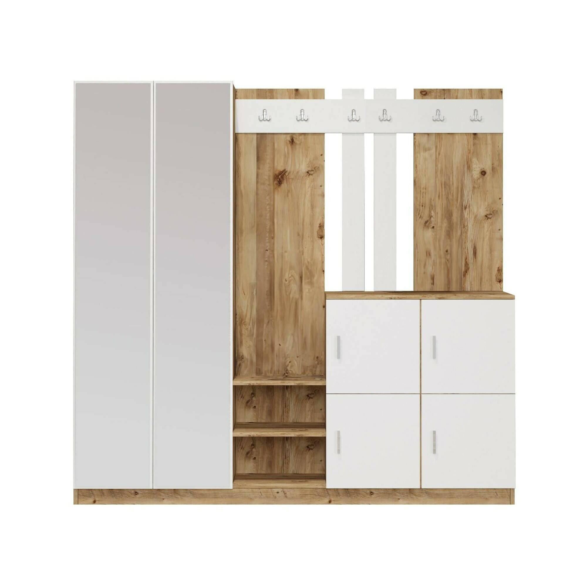 Dmora - Meuble d'entrée Media, Crochet d'entrée, Composition pour l'atrium, Console de Rangement Multifonction, 187x38h180 cm, Chêne et Blanc