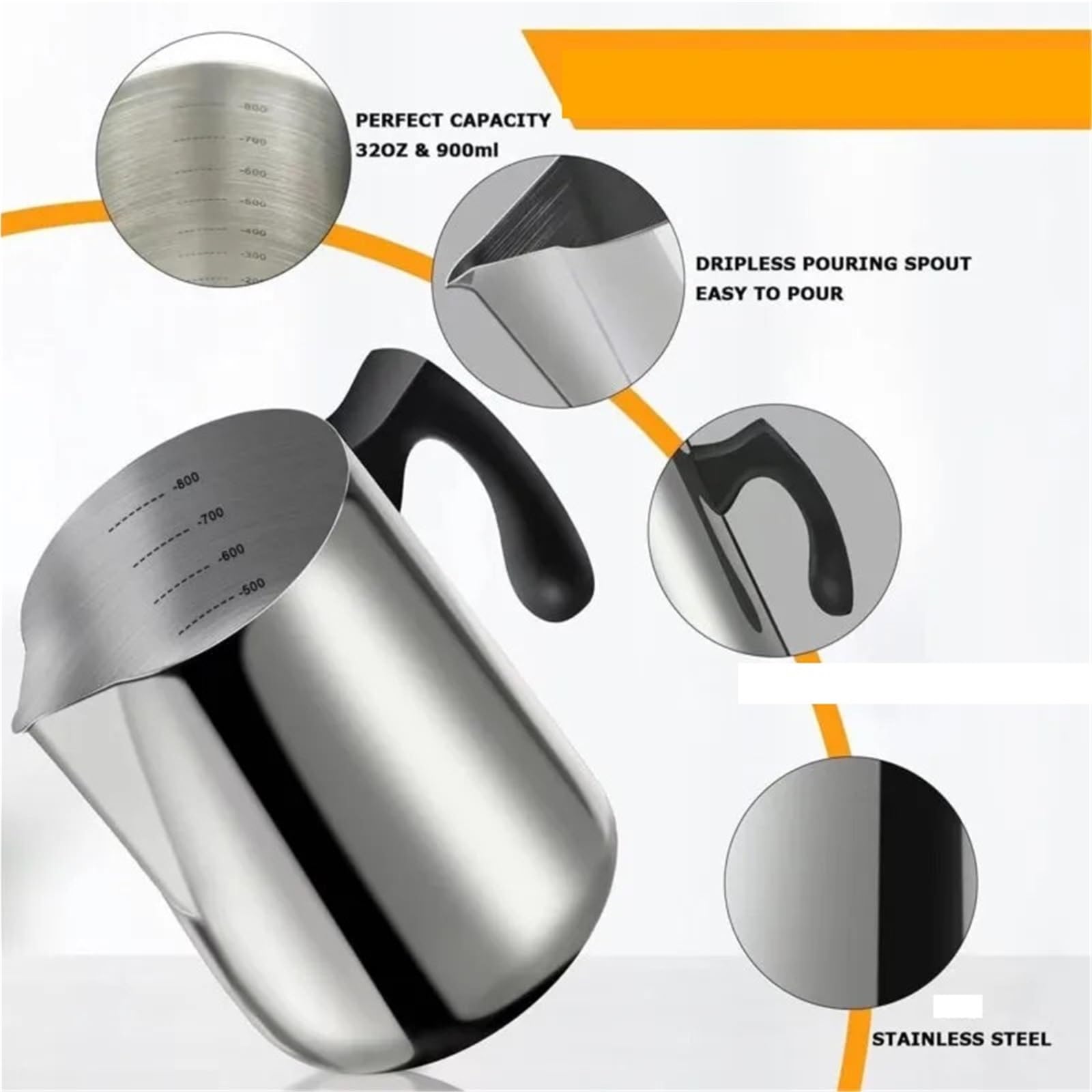 Taza de cera con mango for espuma leche, acero inoxidable, 600/900ml, Espresso artesanal, taza for crema, café en casa, 2 uds Para Espumar(900ml)