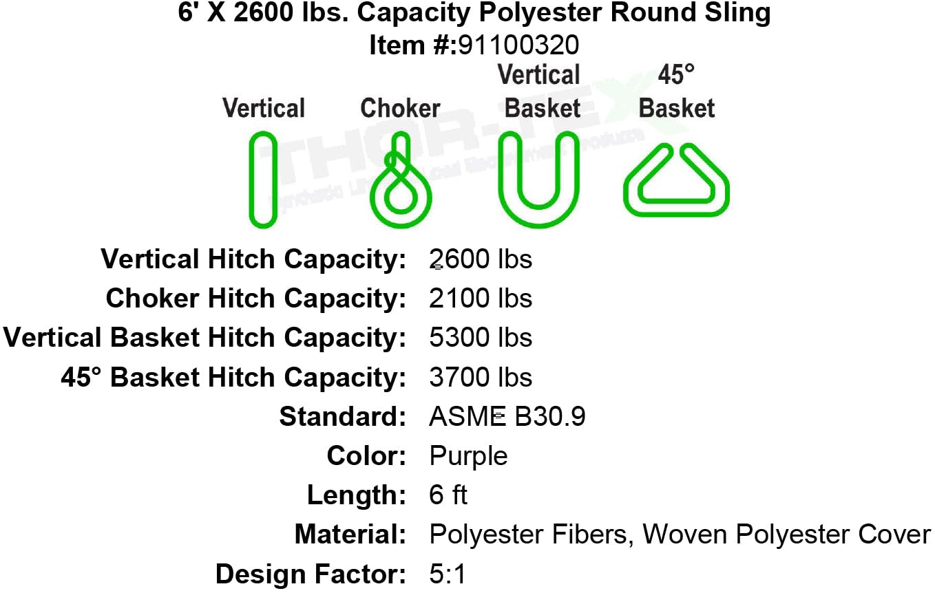THOR-TEX 6' X 2600 lbs. Capacity Polyester Round Sling [Purple] | for Material Handling, Hoisting, Farming and Utility Work | Heavy Duty and Industrial