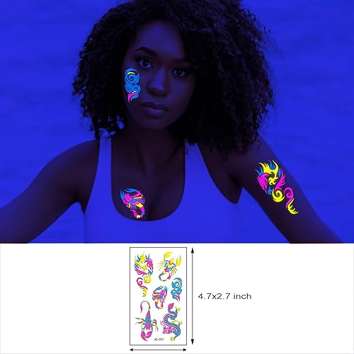 Miniatura 6 de Tatuajes temporales de neón que brillan en los rayos UV, calcomanías de tatuajes de neón 61 estilos de brillantina, dragón, escorpión, araña,