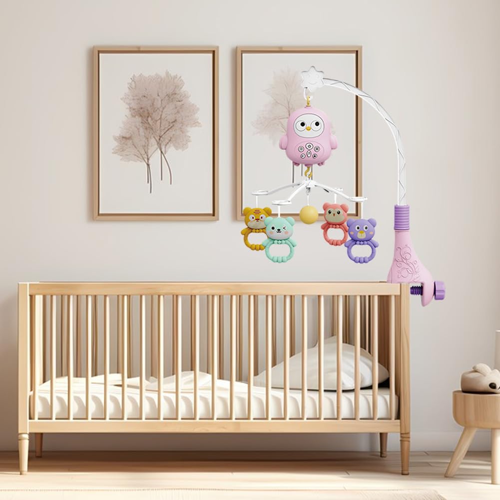 Mobile Musical Bébé, Cloche de Lit Bébé Rotatif à 360° avec Projecteur Veilleuse Musical, Carillons Suspendus Hochet Animaux Jouet éducatif Bébé, avec Support Mobile, Cadeau de Naissance