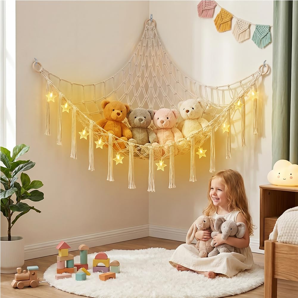 AUAUY Toy Hammock for Stuffed Animals, Teddy Hammock Toy Storage Net with LED Star String Lights, Boho Large Corner Hanging Net with Tassel, Soft Cuddly Toy Storage for Kids Bedroom Decor, Beige