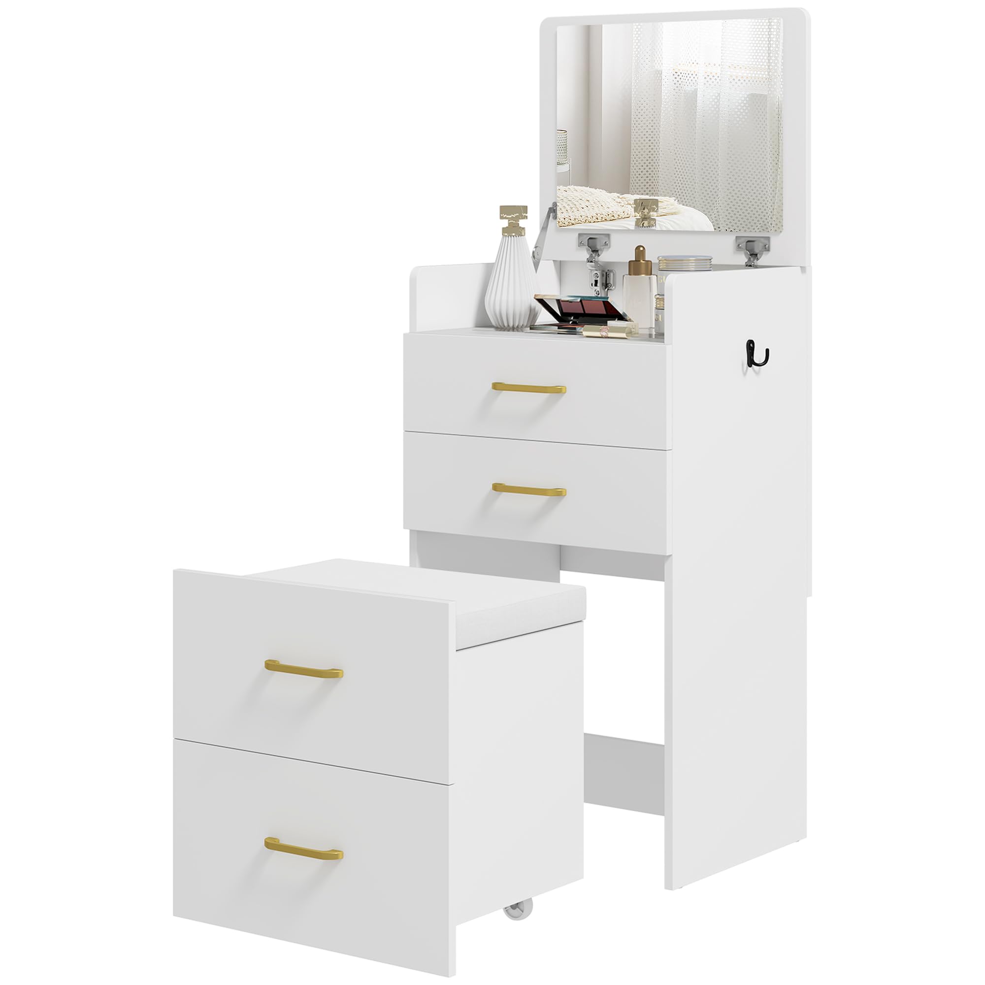 HOMCOM 3 in 1 Schminktisch mit Rollhocker Kosmetiktisch Klappspiegel Weiß