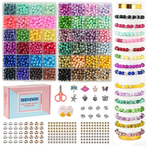 Thryonix Glass Beads 1300pcs 48 Colors 8mm Round Crafts Beads for Bracelet Jewelry Making Beadwork Craft Supplies for Gifts & DIY Projects