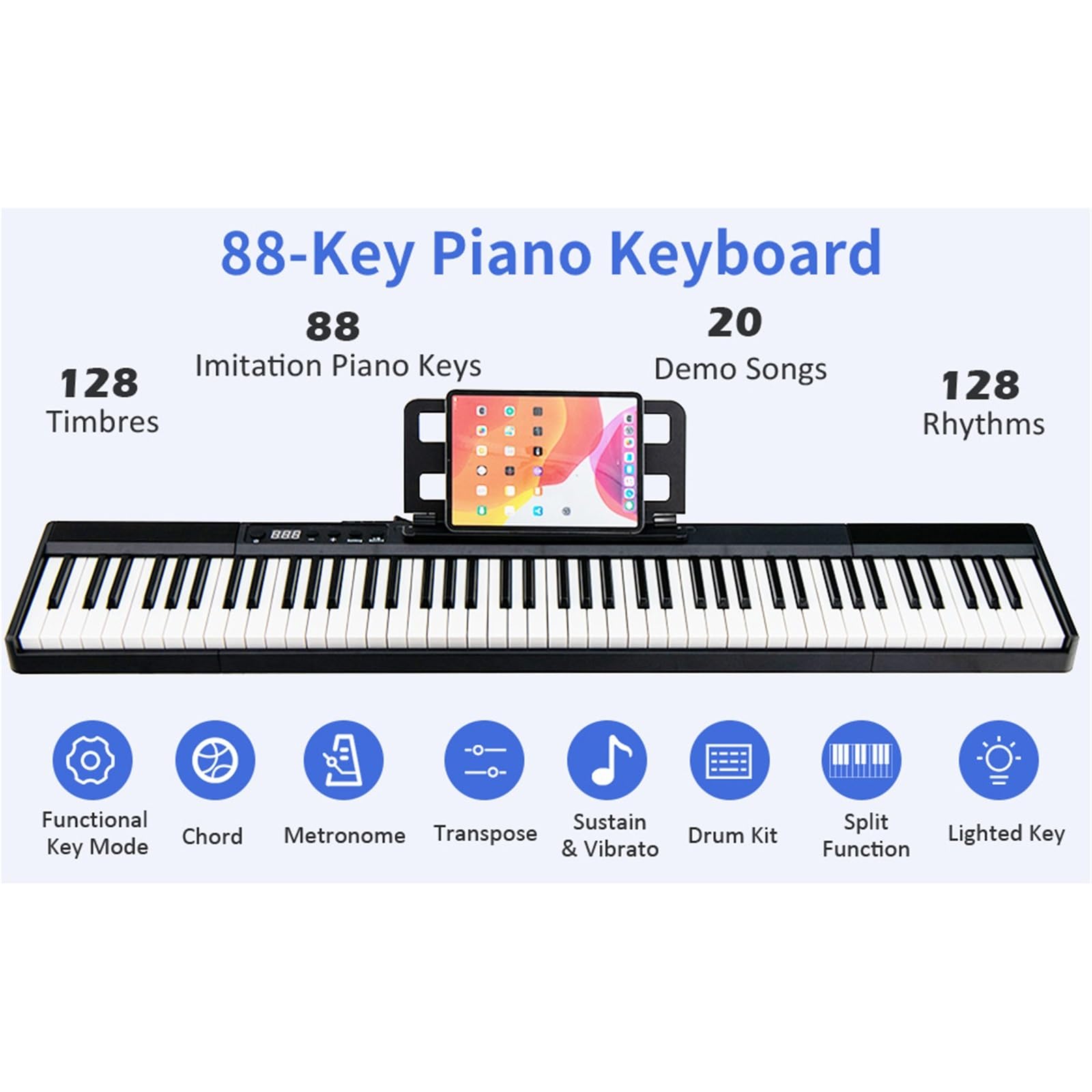 Tastiera Digitale Per Principianti Tastiera Per Pianoforte Elettronico Portatile A 88 Tasti, Tastiera Semi-pesata Full Size, Pianoforte Elettrico Con Pedale Sustain(Black)