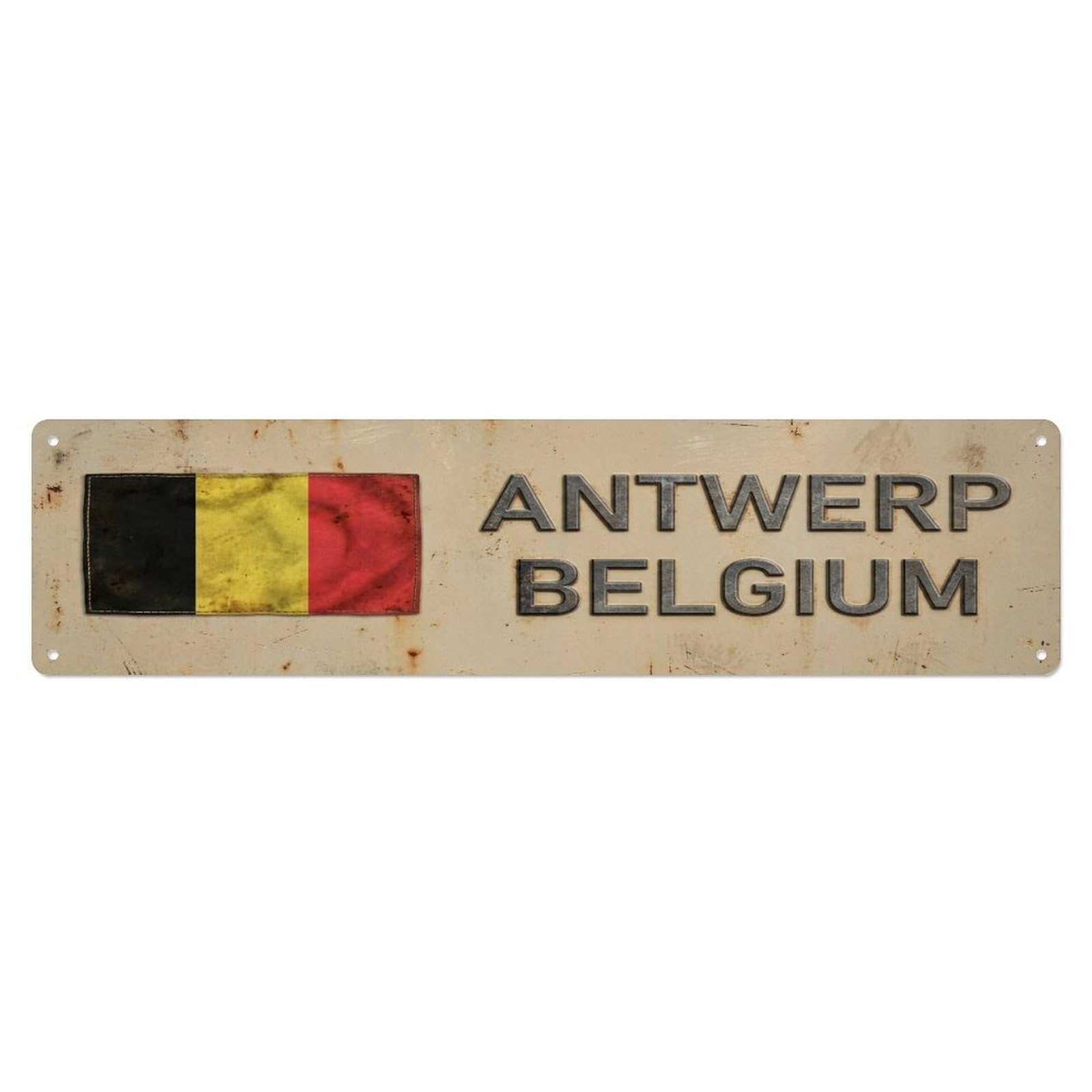 Okahys 4X16inch(10X40cm) Vintage Antwerp Belgium Flag Decor Rustic Travel Metal Tin Sign