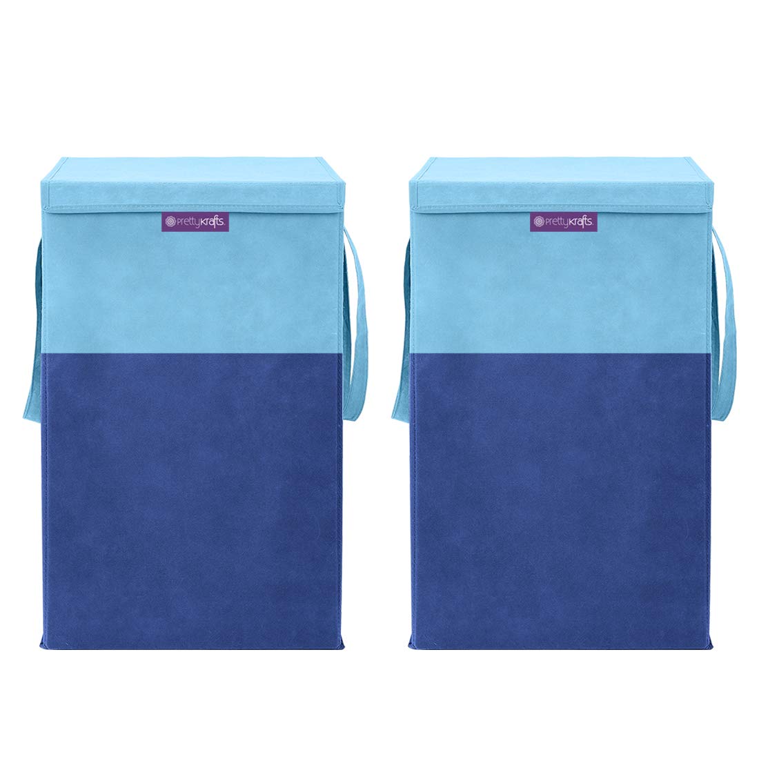 PrettyKrafts 35 L Non Woven Rectangular Foldable Large Laundry Bag/Basket With Lid & Handles, Freestanding Clothes Storage Organizer for Bedroom, Dorm (30x30x40cm, Blue, Set of 2)