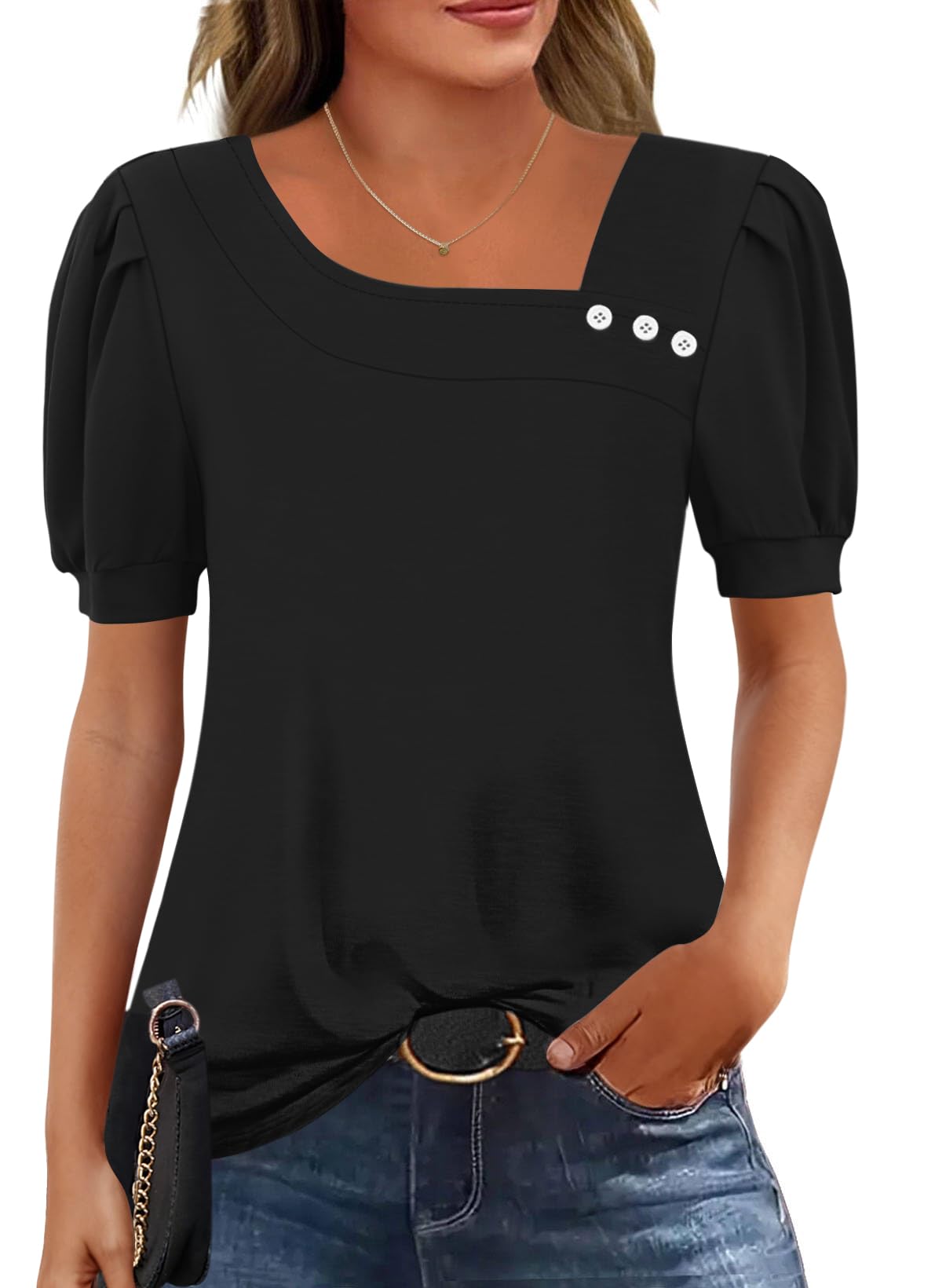 Rapbin Bluse Damen Kurzarm Oberteile Elegant Asymmetrischem Ausschnitt T-Shirt Sommer Button Blusenshirt Casual Top from S to XXL