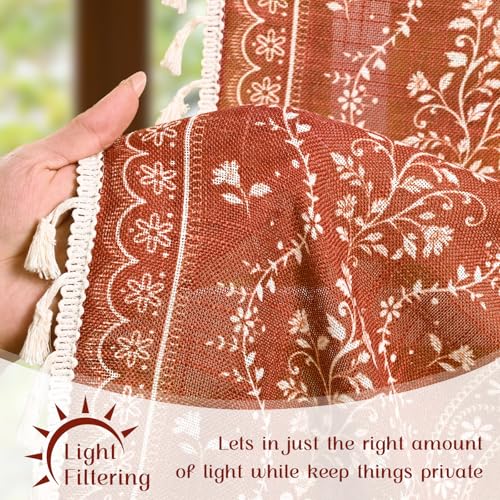 Image of Yinhua Boho Tie Up Curtains for Windows Vintage Linen Valance Light Filtering Floral Valance Rod Pocket Rustic Adjustable Tassel Window Valances for Bathroom, 42 inch W X 45 inch L, Terracotta