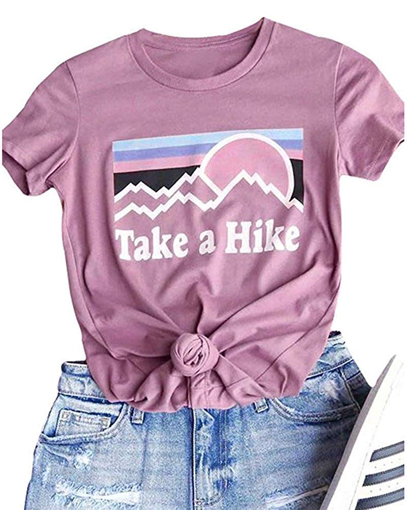 AEURPLTWomens Take A Hike T Shirt Summer Short Sleeve Casual Vacation Camping Graphic Tees Tops