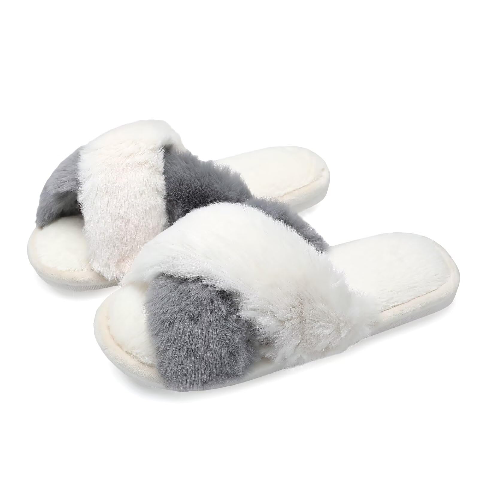 Womens Fluffy Slippers Cross Band House Slippers with Memory Foam Fuzzy Bedroom Open Toe Shoes Comfy Indoor Outdoor