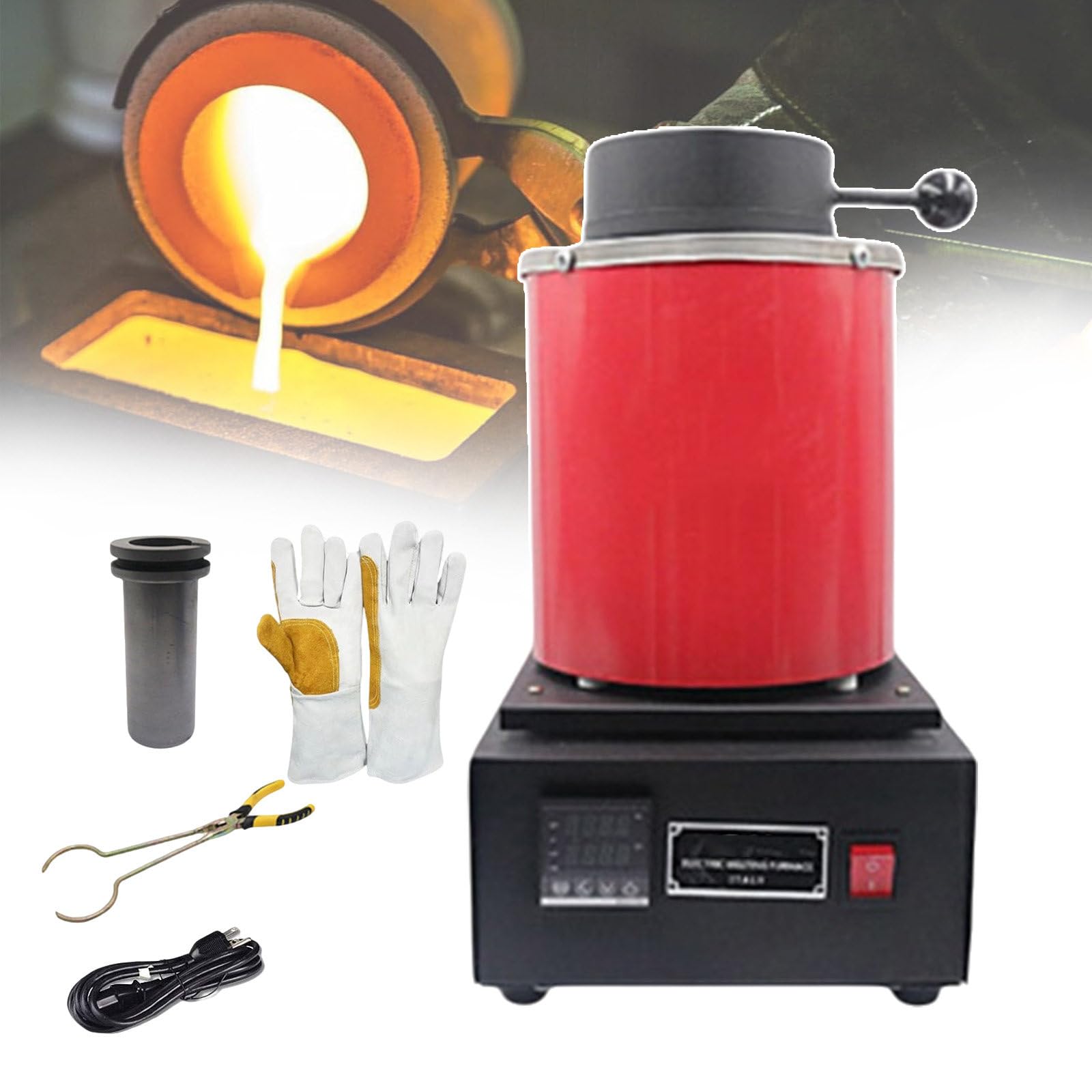 El Kit De Horno para Fundir Oro Incluye Crisol De Grafito, Pinzas, Cable De Alimentación Y Guantes, Máquinas De Fundición De Metales para Oro, Plata, Plomo, Bronce (Rojo/Negro),Red