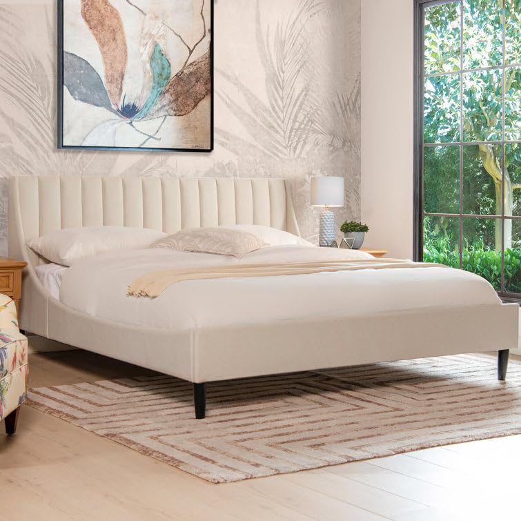 Image of HITHOS Solid Wood Modern Upholstered Queen Size Bed with Wingback Headboard | Wooden Double Bed Cot Palang Without Storage (Cream) 1 Year Warranty