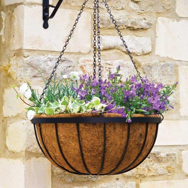 Garden Mile 12" Saxon Hanging Basket Outdoor Durable Metal Planter for Garden Decorations, Balcony, Patio - Weatherproof Flower Planter with Coco Liner, Black