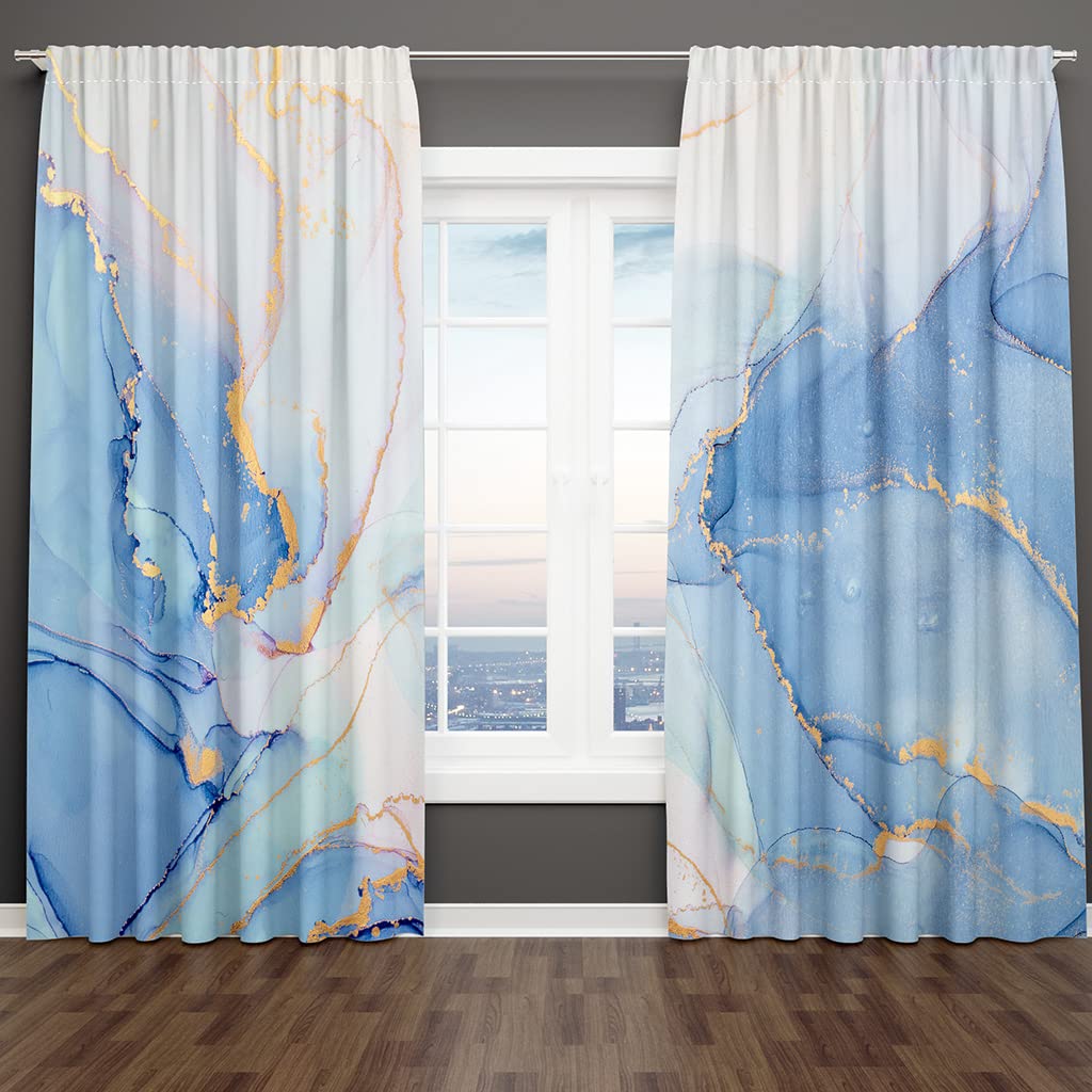 Ombré Noir Bleu Texture Marbre Conception Abstraite 2 Pièces Mince Rideau de Fenêtre pour Salon Chambre Décor-6,135W245H(CM) 53x96in,Oeillets Supérieurs