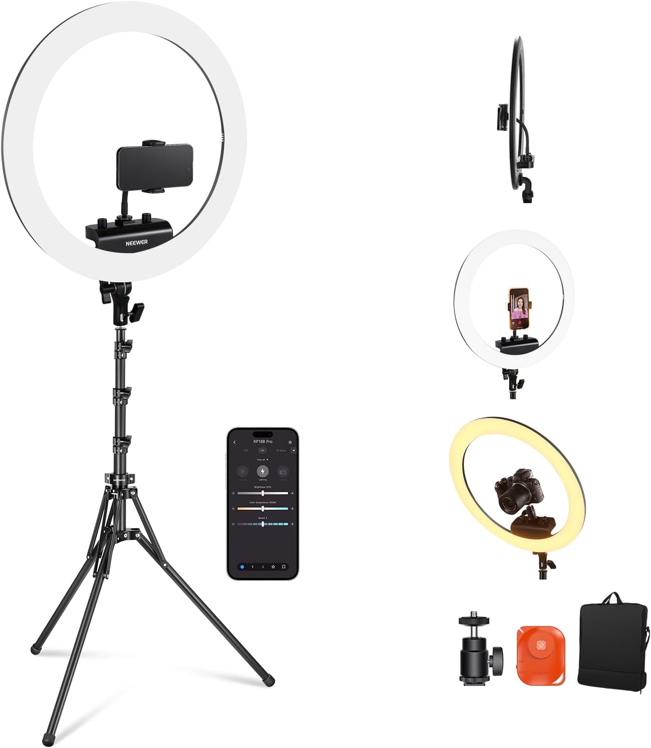 Professional Ring Light with Stand and Phone Holder, 18 inch Ultra Thin, 45W 2900K-7000K TLCI98, Remote Shutter & App Control, Softer Lighting for Makeup Live Stream TikTok, RP18B Pro Black