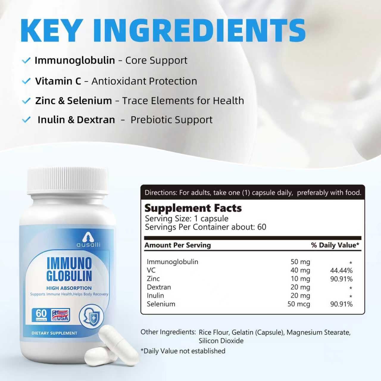 Immunoglobulin High Absorption Supplement, 60 Capsules, Immune Support with Vitamin C, Zinc, Selenium, Gluten-Free, Made in USA — Amazon image 2