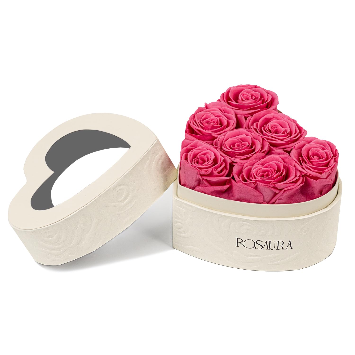 Rosaura Heart-Shaped Preserved Roses Gift Box - Real Forever Flowers for Christmas, Birthday, Valentine's & Mother's Day (pink, 7 roses)