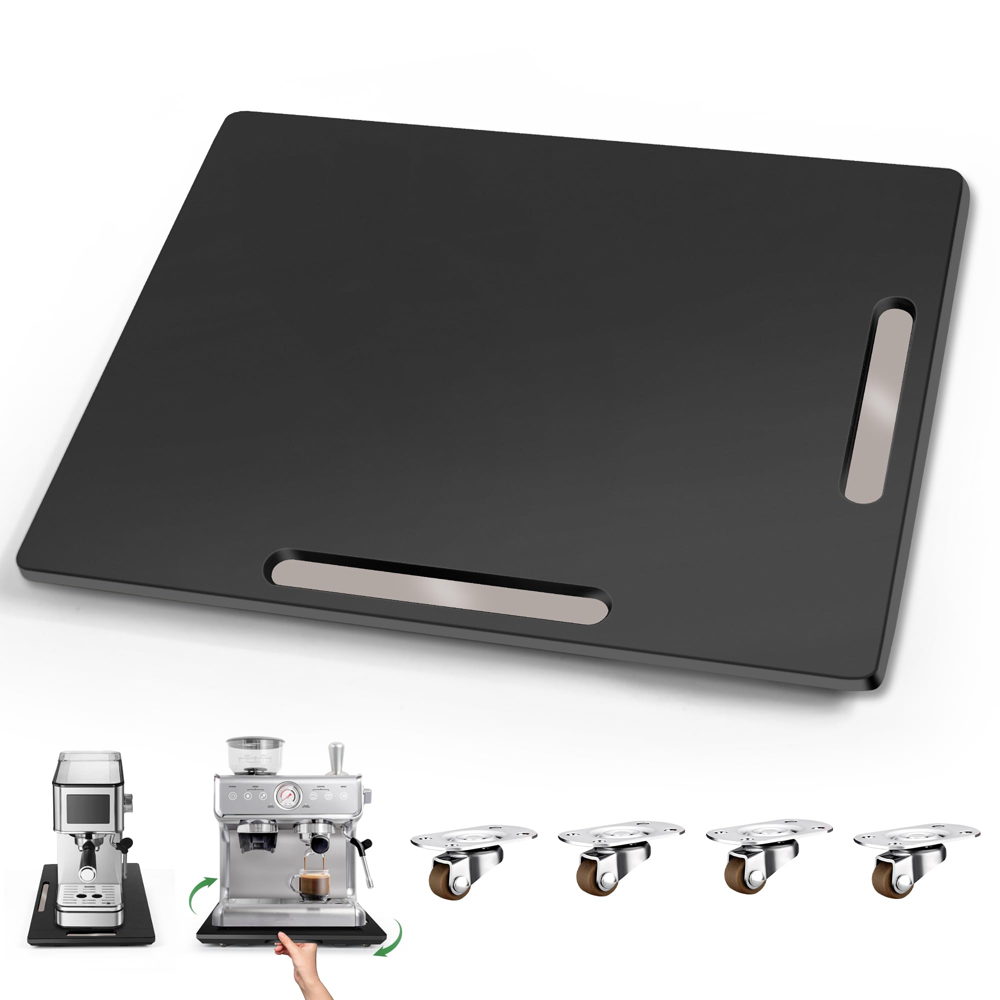 Joy&Grace Appliance Slider for Kitchen Appliances 360Β° Rolling Sliding Tray for Coffee Maker Countertop, Bamboo Coffee Pot Slider Rolling Tray with Universal Rollers (Black, Large 40.5 x 33 cm)