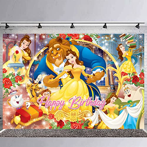 Beauty And The Beast Backdrop Birthday Banner For Princess Belle Birthday Party Supplies Princess Belle Photograph Background Photo Booth 5X3Ft #TOP2