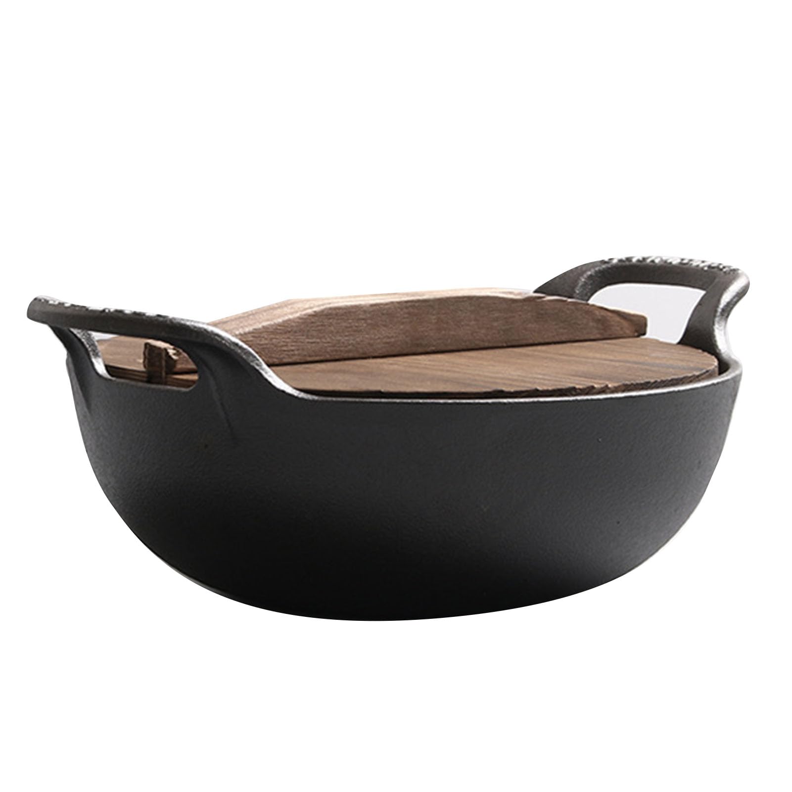 POENVFPO Pentola in Ghisa con Coperchio in Legno, 27 Cm (BLACK)