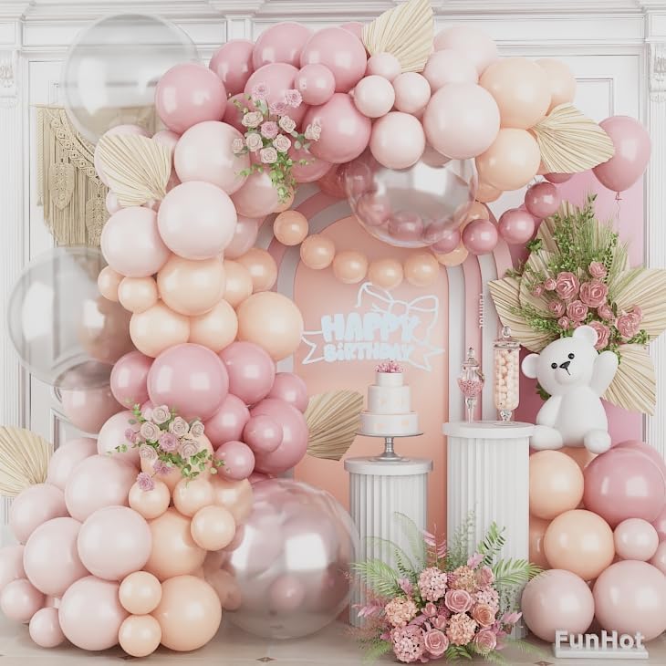 Pink Balloon Arch Kit,Pink White Balloon Arch Garland Kit,120 Pcs Sand White Balloons with 18/12/5 Inch Different Sizes for Bridal Wedding Boho Gender