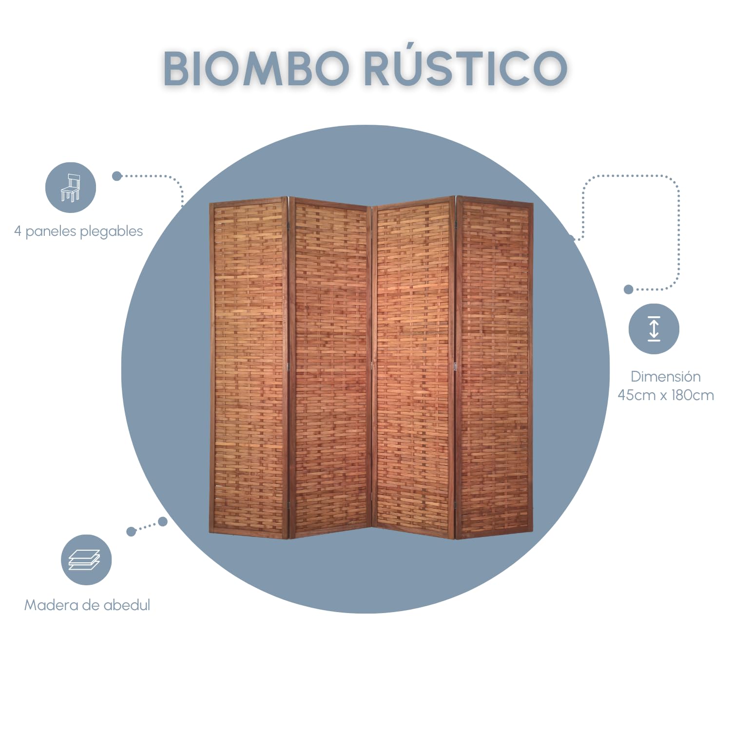 EME Biombo Rústico con 4 Paneles 180x180 cm Separador de Estancias y Ambientes Fabricado de Madera - Biombo con Estructura Plegable. Ideal para Decoración.