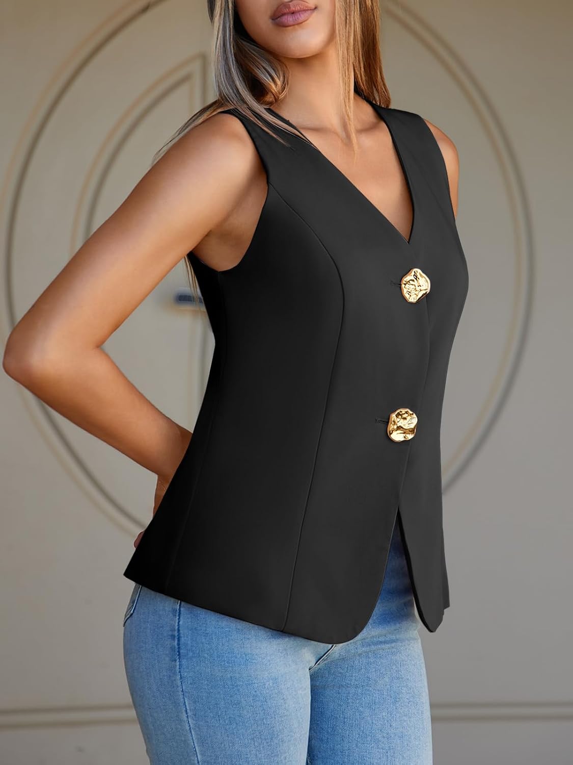 Cicy Bell Womens Summer V Neck Vest Tops Button up Sleeveless Casual Waistcoat Business Fitted Blazer vest - Image 4