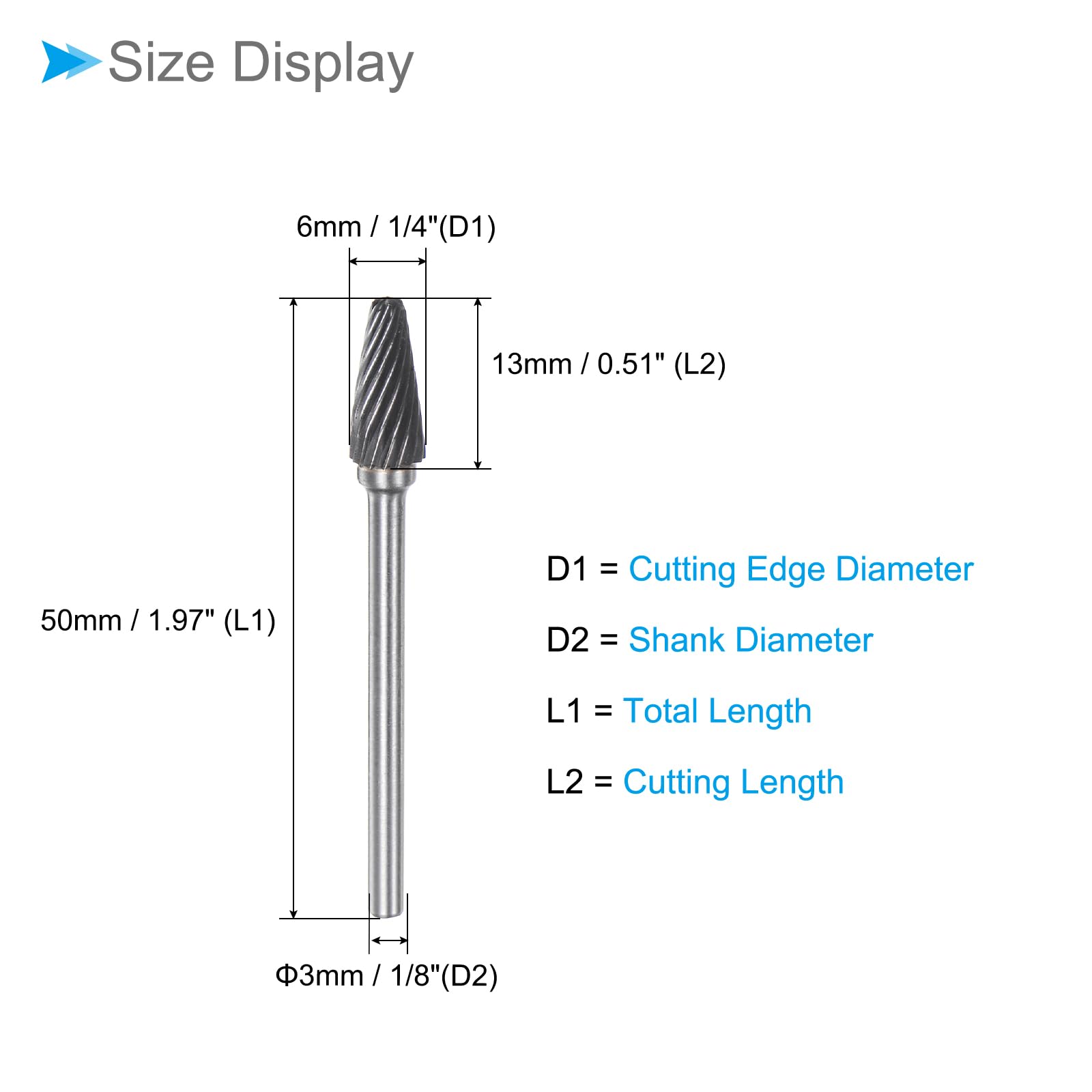 CoCud Tungsten Carbide Rotary Burrs File, 1/8" Shank 6mm Dia, Single Cut L-Shape Rotary Burrs Tool - Image 2