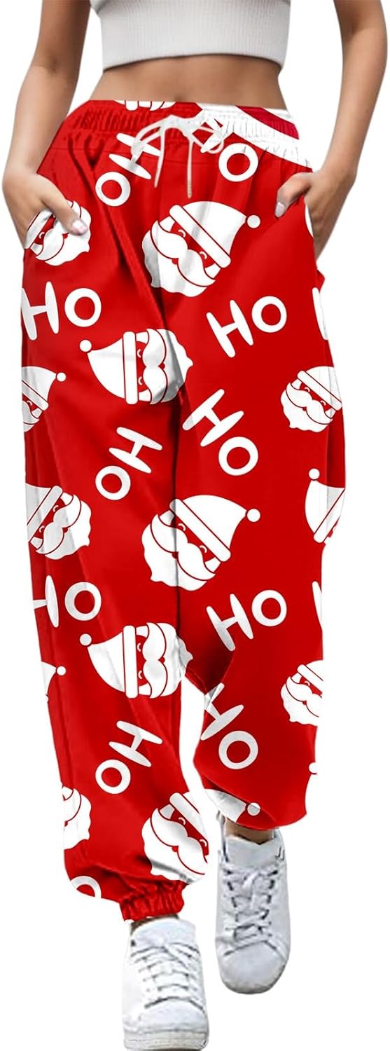 Women's Christmas Elastic Cinch Bottom Sweatpants Baggy Reindeer Long with Belt Active High Waisted Joggers Loose