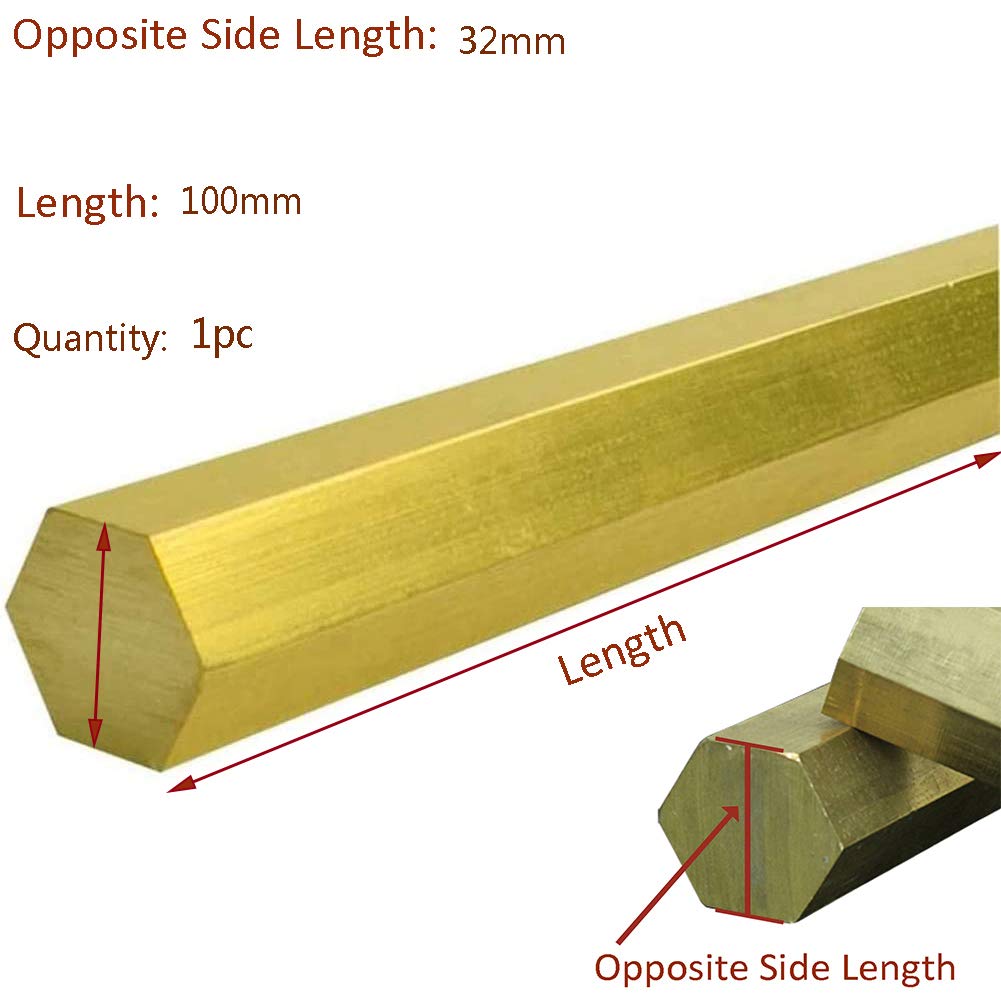 RQYWTSJBA Massive Sechskantstange aus Messing ， H59 Messing Hexagon Bar Hex Cu Industrie Material Herstellung Metallform DIY 100Mm(Opposite Side Length32Mm)
