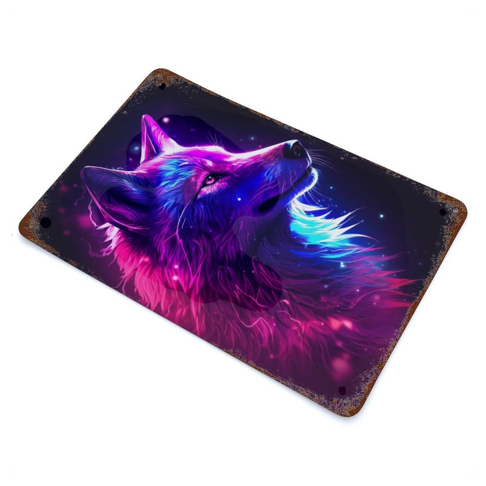 Colorful White Wolf Vintage Rust Metal Sign 11.8"x7.9", Farmhouse Wall Decor for Garage, Pub Or Kitchen