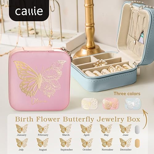 Miniatura 7 de Joyero de viaje personalizado de mariposa, caja organizadora de joyas de viaje personalizada con flor de nacimiento, pequeño joyero para mujer