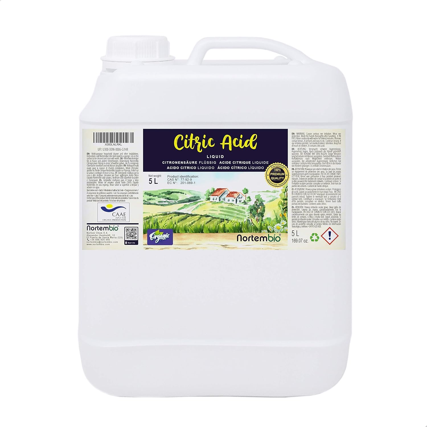 Nortembio Ácido Cítrico Ecológico 5 L Líquido Concentrado 100 % Puro Certificado, Insumo para Producción Ecológica, Limpieza Doméstica Multiusos +eBook Usos y Consejos Incluido