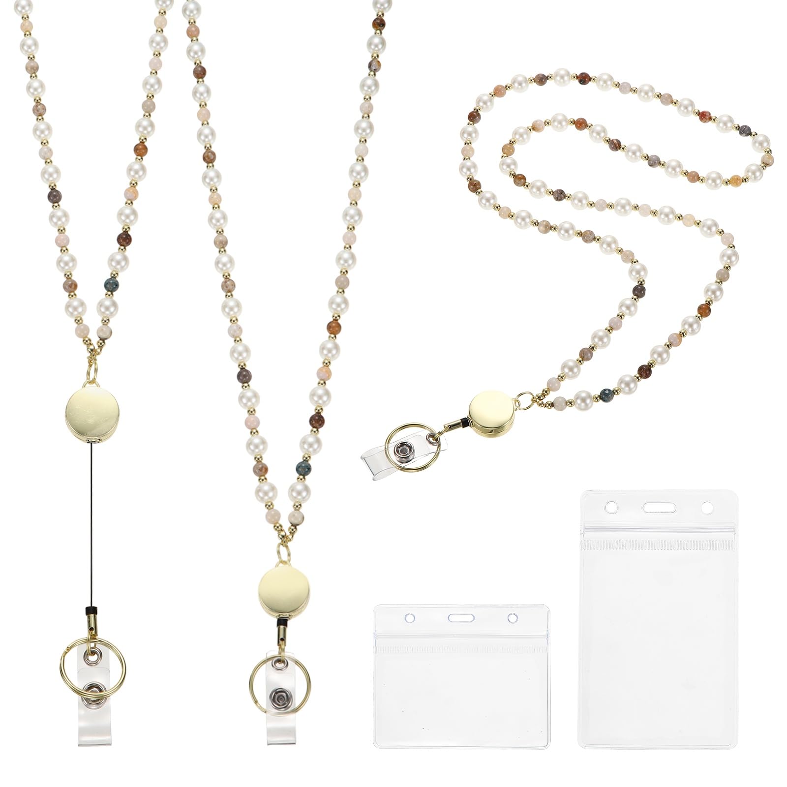 PATIKIL Natural Stone Beaded Lanyard, 3Pcs Retractable Beads Badge Lanyard with ID Card Holder for Women Handmade Crystal Cute Necklace for Office Teacher Cruise, Bamboo Leaf Agate โ image 1