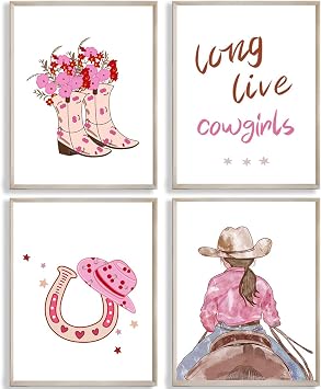 Western Cowgirl Wall Art Prints,Pink Western Cowgirl Boots Hats Wall Art for Cowboy Nursery Decor and Baby Girl Room Decor and Kids Room Decorations and Cowgirl Room Decor,Set of 48"x10"inch,Unframed.