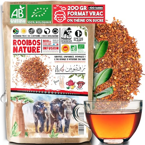 200g Rooibos Biologico, Rooibos Sfuso Bio, Tè rosso antiossidante, 0% teina, 0% caffeina, delicato, rilassante di Nabür