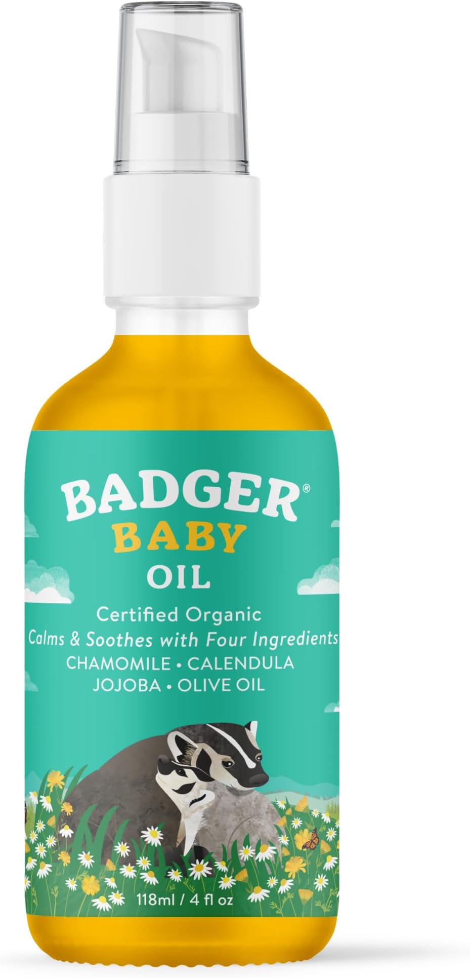 Badger Baby Oil, 100% Organic Ingredients to Soften & Moisturize Dry Skin or Cradle Cap, Soothing Vegan Organic Baby Oil, 4 fl oz Glass Bottle