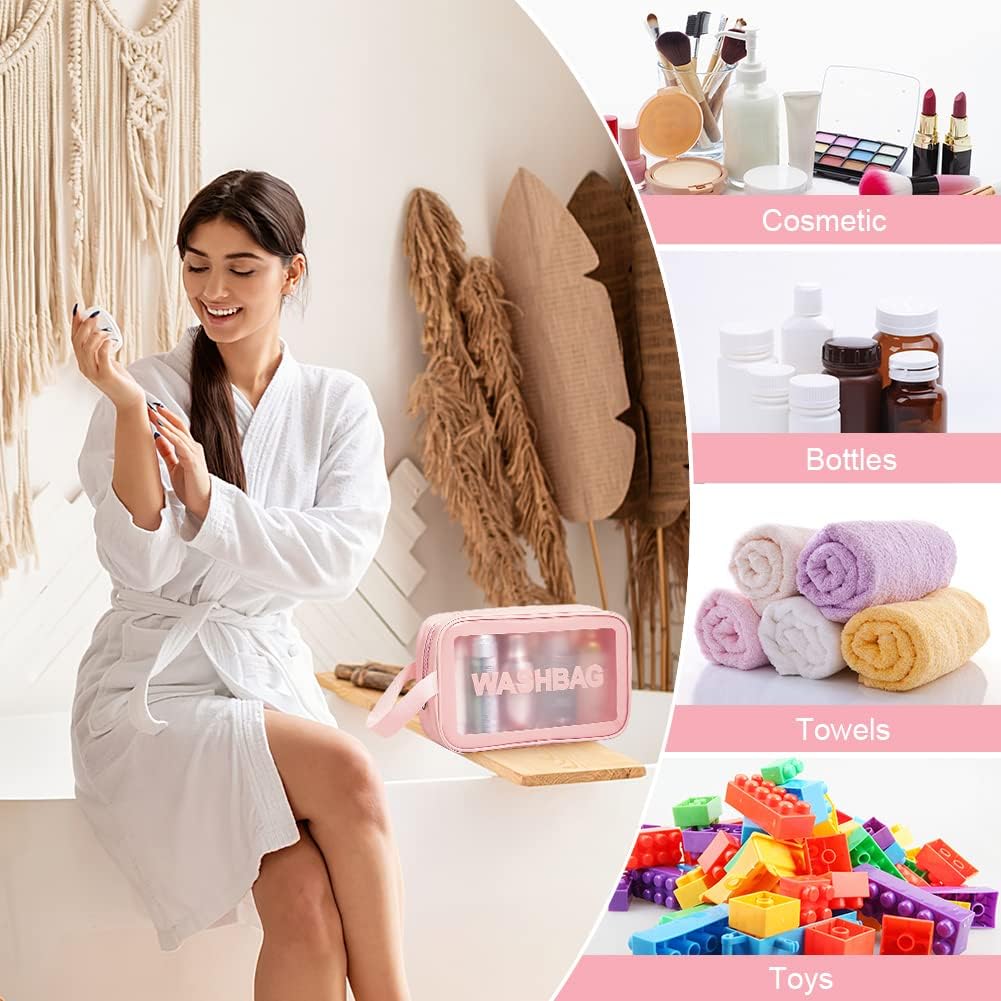 4PCS Clear Toiletry Bags, Wash Bag, Clear PU Makeup Bag, Waterproof Toiletry Travel Bag with Zipper Handle, Portable Airport Cosmetic Bag for Travel Bathroom Men Women (Pink) - Image 6