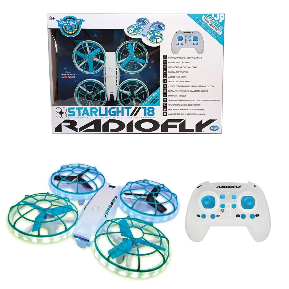 Radiofly - Starlight // 18 RC 2.4 GHz, misura 17 x 17 x 4.8 cm 8 funzioni, fermoposizione, decollo/atterraggio assistiti 3 velocità, flip 360 LUCI LED NEI 4 ROTORI
