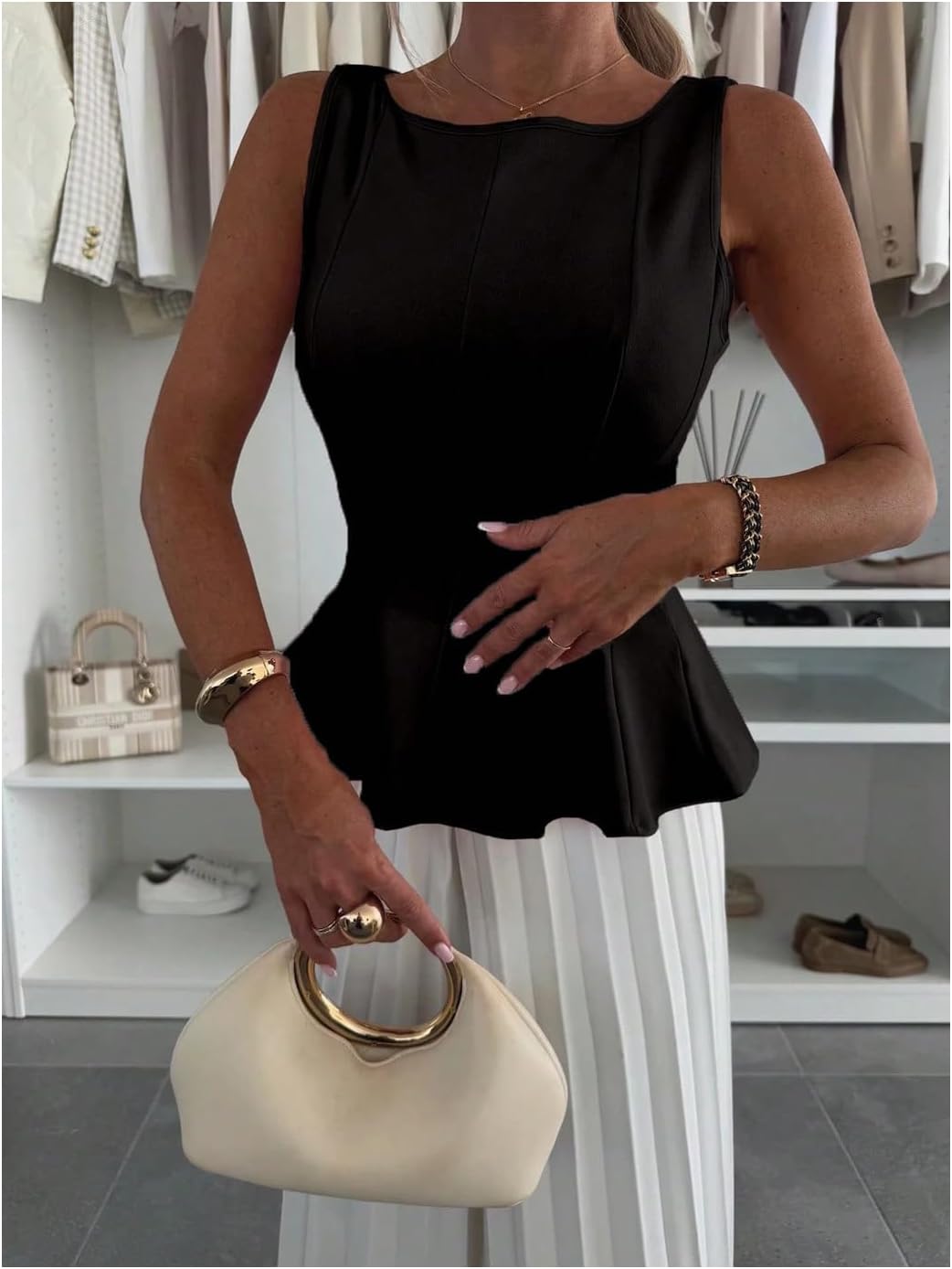 GORGLITTER Women's Sleeveless Babydoll Peplum Tops Dressy Trendy Elegant Casual Crew Neck Ruffle Going Out Tank Tops - Image 3