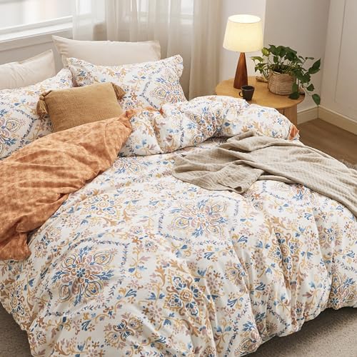 Image of Bedsure Duvet Cover Queen Size - Reversible Floral Duvet Cover Set with Zipper Closure, 3 Pieces Bohemian Orange Bedding Set with 8 Corner Ties and 2 Pillow Shams 20 inchx26 inch