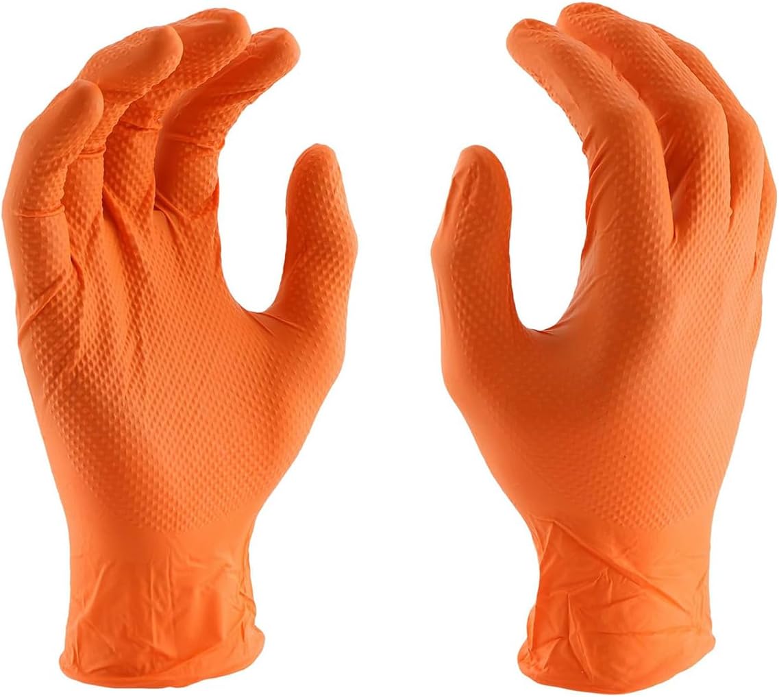Disposable Premium Heavy Duty Orange Nitrile Gloves Powder and Latex Free - Great Chemical Resistant Industrial Gloves